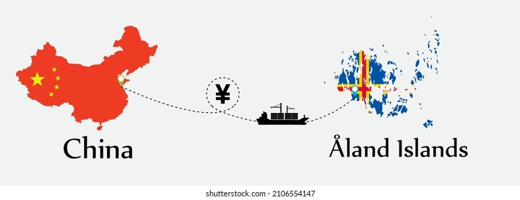 Business concept of both country. Ship transport from China go to Åland Islands. And flags symbol on maps. EPS.file.Cargo ship.