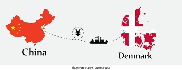 Business concept of both country. Ship transport from China go to Denmark. And flags symbol on maps. EPS.file.Cargo ship.
