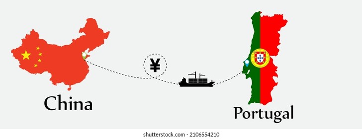 Business concept of both country. Ship transport from China go to Portugal. And flags symbol on maps. EPS.file.Cargo ship.