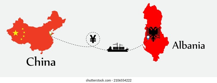 Business concept of both country. Ship transport from China go to Albania. And flags symbol on maps. EPS.file.Cargo ship.