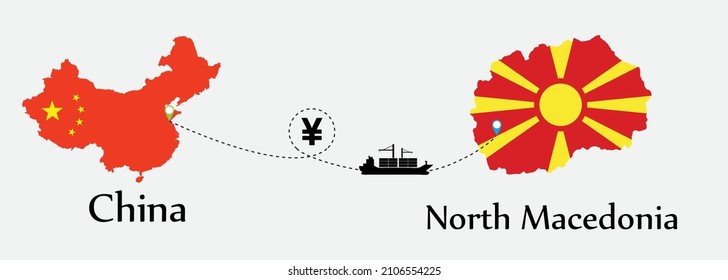 Business concept of both country. Ship transport from China go to North Macedonia. And flags symbol on maps. EPS.file.Cargo ship.