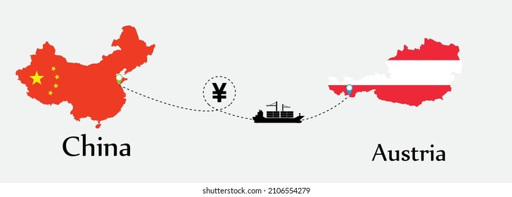 Business concept of both country. Ship transport from China go to Austria. And flags symbol on maps. EPS.file.Cargo ship.