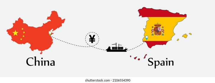 Business concept of both country. Ship transport from China go to Spain. And flags symbol on maps. EPS.file.Cargo ship.