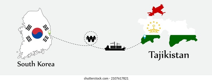 Business concept of both country. Ship transport from South Korea go to Tajikistan. And flags symbol on maps. EPS.file.Cargo ship.