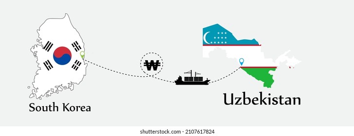Business concept of both country. Ship transport from South Korea go to Uzbekistan. And flags symbol on maps. EPS.file.Cargo ship.