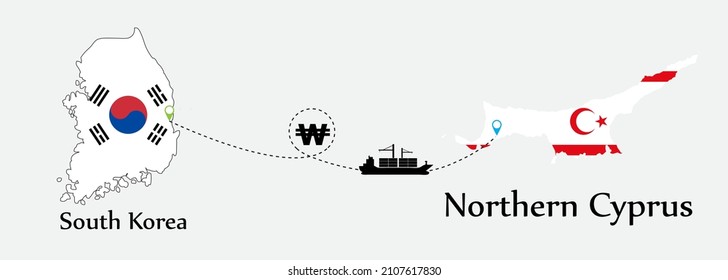Business concept of both country. Ship transport from South Korea go to Northern Cyprus. And flags symbol on maps. EPS.file.Cargo ship.
