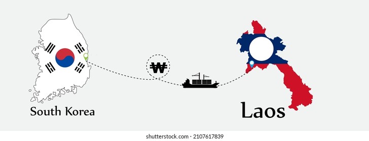 Business concept of both country. Ship transport from South Korea go to Laos. And flags symbol on maps. EPS.file.Cargo ship.