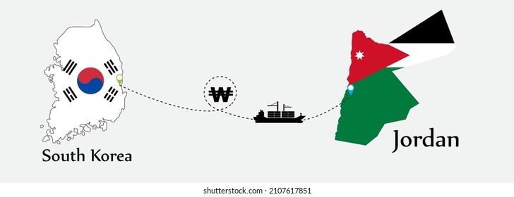 Business concept of both country. Ship transport from South Korea go to Jordan. And flags symbol on maps. EPS.file.Cargo ship.
