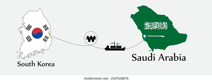 Business concept of both country. Ship transport from South Korea go to Saudi Arabia. And flags symbol on maps. EPS.file.Cargo ship.