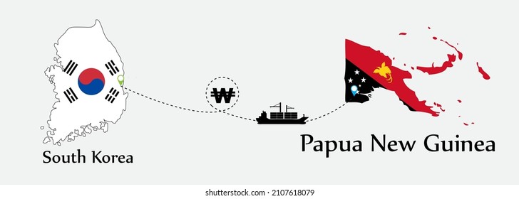 Business concept of both country. Ship transport from South Korea go to Papua New Guinea. And flags symbol on maps. EPS.file.Cargo ship.