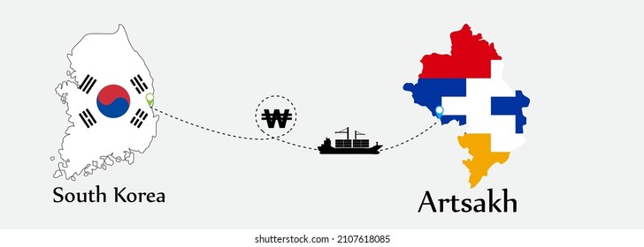 Business concept of both country. Ship transport from South Korea go to Artsakh. And flags symbol on maps. EPS.file.Cargo ship.