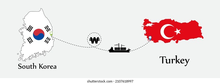 Business concept of both country. Ship transport from South Korea go to Turkey. And flags symbol on maps. EPS.file.Cargo ship.