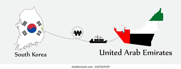 Business concept of both country. Ship transport from South Korea go to United Arab Emirates. And flags symbol on maps. EPS.file.Cargo ship.