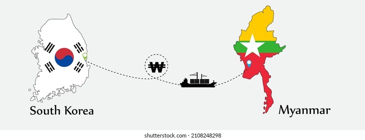 Business concept of both country. Ship transport from South Korea go to Myanmar. And flags symbol on maps. EPS.file.Cargo ship.