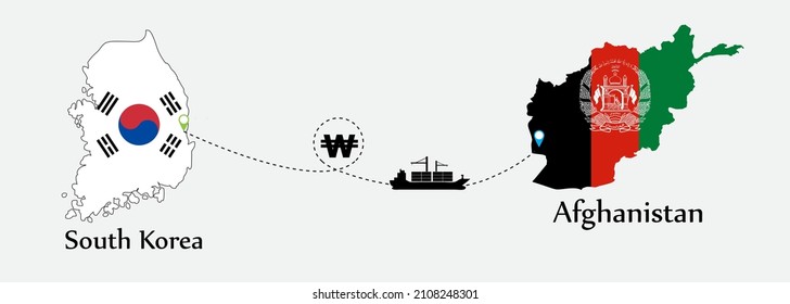 Business concept of both country. Ship transport from South Korea go to Afghanistan. And flags symbol on maps. EPS.file.Cargo ship.