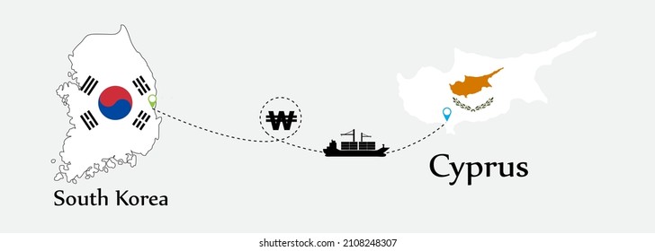 Business concept of both country. Ship transport from South Korea go to Cyprus. And flags symbol on maps. EPS.file.Cargo ship.