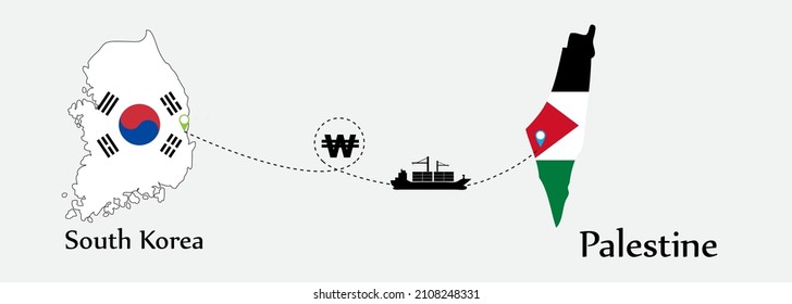 Business concept of both country. Ship transport from South Korea go to Palestine. And flags symbol on maps. EPS.file.Cargo ship.
