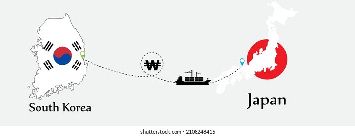 Business concept of both country. Ship transport from South Korea go to Japan. And flags symbol on maps. EPS.file.Cargo ship.