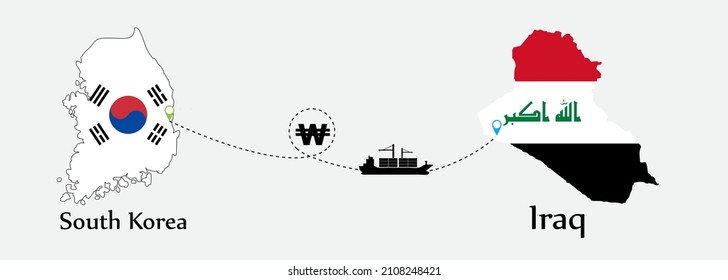 Business concept of both country. Ship transport from South Korea go to Iraq. And flags symbol on maps. EPS.file.Cargo ship.