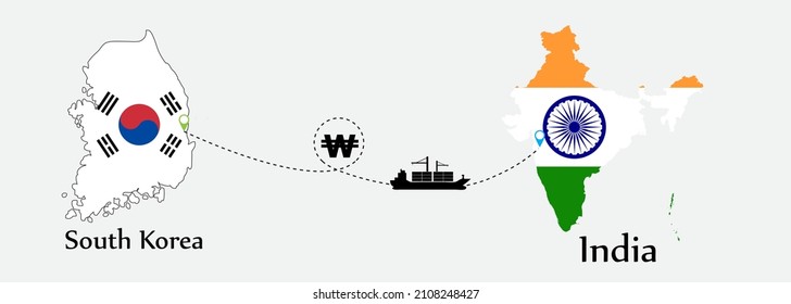Business concept of both country. Ship transport from South Korea go to India. And flags symbol on maps. EPS.file.Cargo ship.