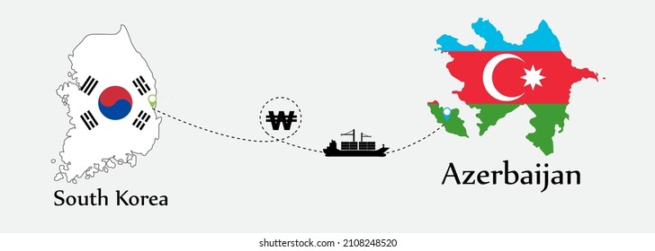 Business concept of both country. Ship transport from South Korea go to Azerbaijan. And flags symbol on maps. EPS.file.Cargo ship.