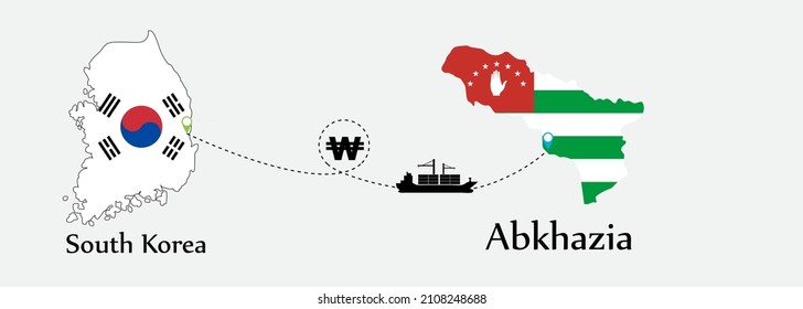 Business concept of both country. Ship transport from South Korea go to Abkhazia. And flags symbol on maps. EPS.file.Cargo ship.