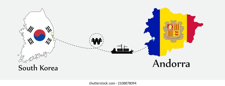 Business concept of both country. Ship transport from South korea go to Andorra. And flags symbol on maps. EPS.file.Cargo ship.