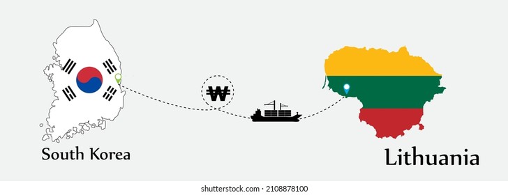 Business concept of both country. Ship transport from South korea go to Lithuania. And flags symbol on maps. EPS.file.Cargo ship.