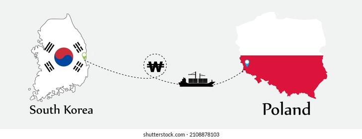 Geschäftskonzept beider Länder. Schiffstransporte von Südkorea nach Polen. Und Flaggen Symbol auf Karten. EPS.file.Cargo-Schiff.