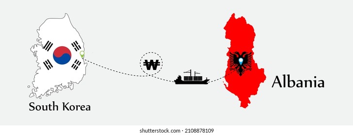 Business concept of both country. Ship transport from South korea go to Albania. And flags symbol on maps. EPS.file.Cargo ship.