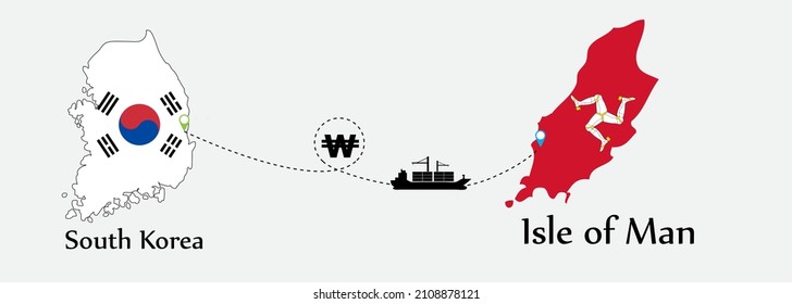 Business concept of both country. Ship transport from South korea go to Isle of Man. And flags symbol on maps. EPS.file.Cargo ship.