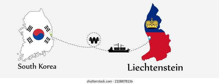 Business concept of both country. Ship transport from South korea go to Liechtenstein. And flags symbol on maps. EPS.file.Cargo ship.