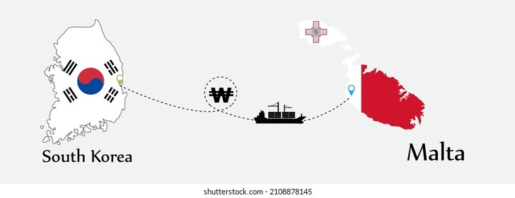 Business concept of both country. Ship transport from South korea go to Malta. And flags symbol on maps. EPS.file.Cargo ship.