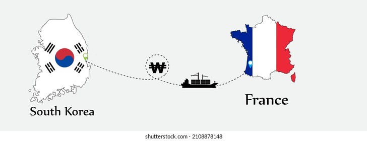 Business concept of both country. Ship transport from South korea go to France. And flags symbol on maps. EPS.file.Cargo ship.