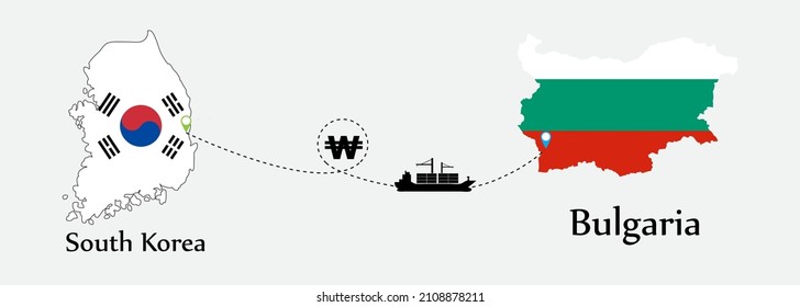 Business concept of both country. Ship transport from South korea go to Bulgaria. And flags symbol on maps. EPS.file.Cargo ship.