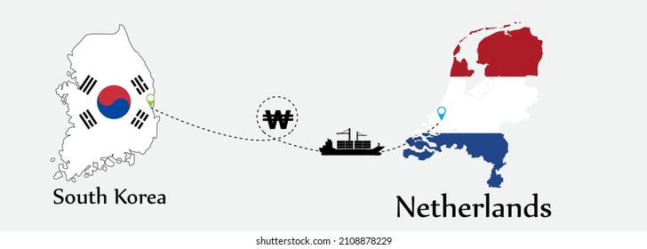 Business concept of both country. Ship transport from South korea go to Netherlands. And flags symbol on maps. EPS.file.Cargo ship.