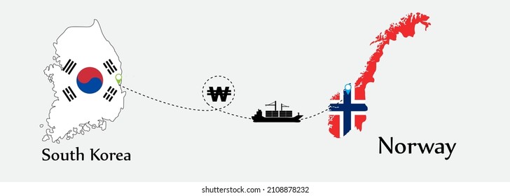Business concept of both country. Ship transport from South korea go to Norway. And flags symbol on maps. EPS.file.Cargo ship.