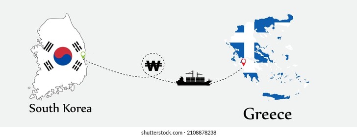 Business concept of both country. Ship transport from South korea go to Greece. And flags symbol on maps. EPS.file.Cargo ship.