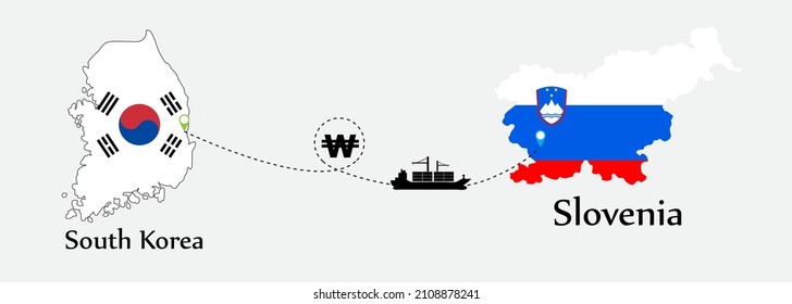 Business concept of both country. Ship transport from South korea go to Slovenia. And flags symbol on maps. EPS.file.Cargo ship.