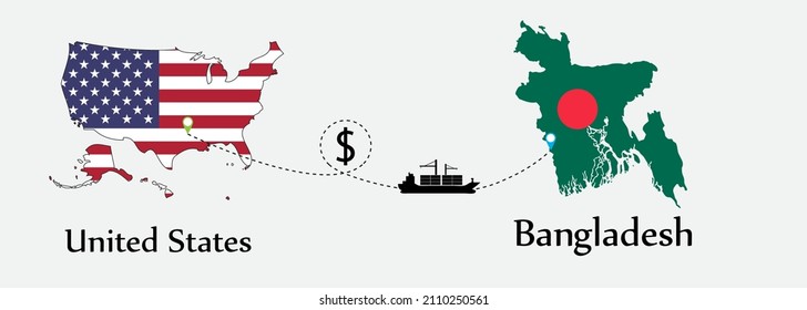 Business concept of both country. Ship transport from United States go to Bangladesh. And flags symbol on maps. EPS.file.Cargo ship.