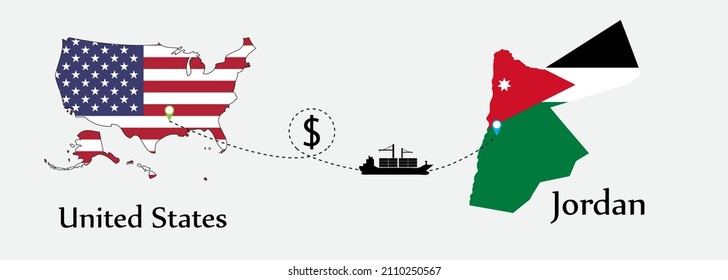 Business concept of both country. Ship transport from United States go to Jordan. And flags symbol on maps. EPS.file.Cargo ship.