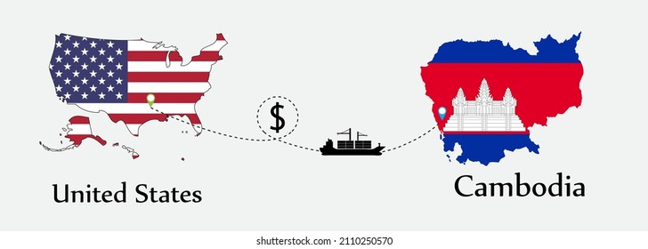 Business concept of both country. Ship transport from United States go to Cambodia. And flags symbol on maps. EPS.file.Cargo ship.