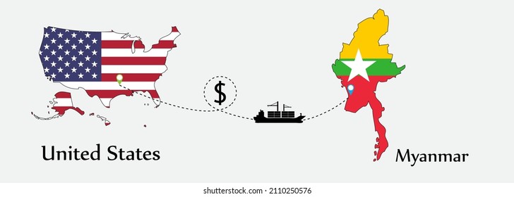 Business concept of both country. Ship transport from United States go to Myanmar. And flags symbol on maps. EPS.file.Cargo ship.