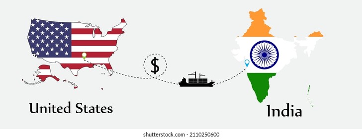 Business concept of both country. Ship transport from United States go to India. And flags symbol on maps. EPS.file.Cargo ship.