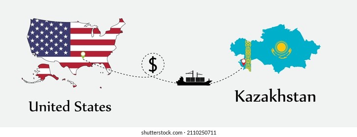 Business concept of both country. Ship transport from United States go to Kazakhstan. And flags symbol on maps. EPS.file.Cargo ship.