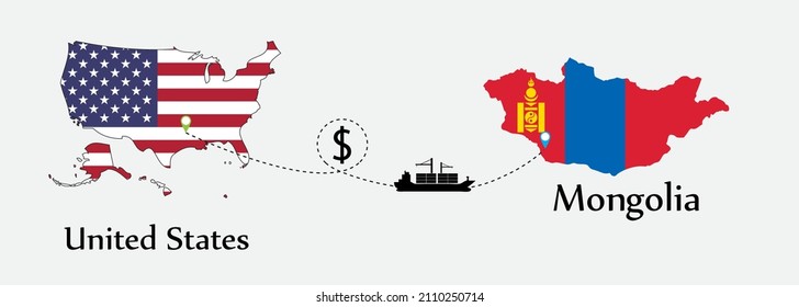 Business concept of both country. Ship transport from United States go to Mongolia. And flags symbol on maps. EPS.file.Cargo ship.