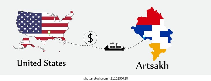 Business concept of both country. Ship transport from United States go to Artsakh. And flags symbol on maps. EPS.file.Cargo ship.