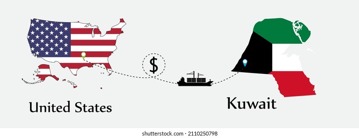 Business concept of both country. Ship transport from United States go to Kuwait. And flags symbol on maps. EPS.file.Cargo ship.