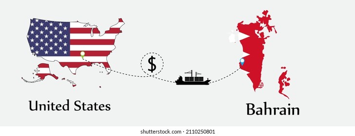 Business concept of both country. Ship transport from United States go to Bahrain. And flags symbol on maps. EPS.file.Cargo ship.