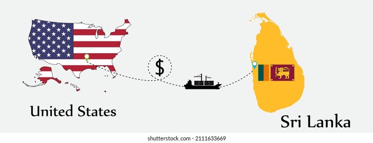 Business concept of both country. Ship transport from United States go to Sri Lanka. And flags symbol on maps. EPS.file.Cargo ship.